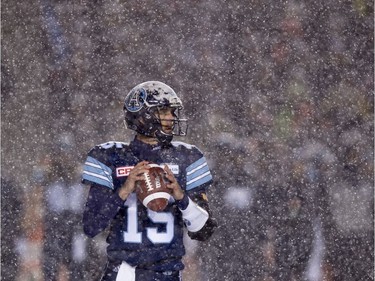 Toronto Argonauts quarterback Ricky Ray (15) looks to pass during first half CFL football action against the Calgary Stampeders in the 105th Grey Cup Sunday November 26, 2017 in Ottawa