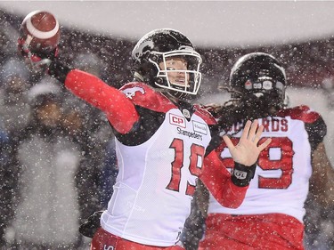 Calgary Stampeders quarterback Bo Levi Mitchell (19) passes against the Toronto Argonauts during first half CFL football action in the 105th Grey Cup on Sunday, November 26, 2017 in Ottawa.
