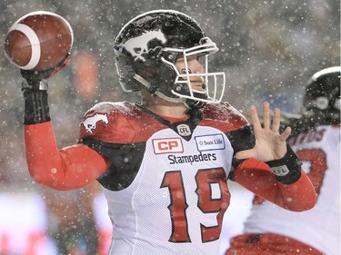 Calgary Stampeders quarterback Bo Levi Mitchell (19) passes against the Toronto Argonauts during first half CFL football action in the 105th Grey Cup on Sunday, November 26, 2017 in Ottaw