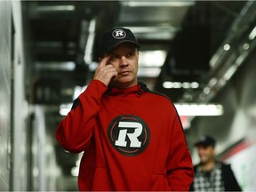 Redblacks head coach Rick Campbell arrives for his round of interviews at TD Place stadium on Tuesday. THE CANADIAN PRESS/Sean Kilpatrick