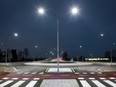 A roundabout illuminated by LED lights.