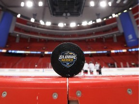 A practice puck sits on the boards during the Ottawa Senators practice at Ericsson Globe on November 9, 2017 in Stockholm, Sweden.