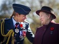Gov. Gen. Julie Payette, commander-in-chief, wearing the uniform of the RCAF, chats with national Silver Cross Mother Diane Abel, whose son, Cpl. Michael David Abel, was killed while serving in Somalia in 1993.