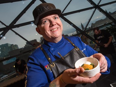 Chef Jordan Holley of Riviera with his matsutake chawanmushi with crab as the annual Gold Medal Plates, which challenged ten different area chefs to prepare a winning recipe, took place at the Shaw Centre.  Photo Wayne Cuddington/ Postmedia
Wayne Cuddington, Postmedia