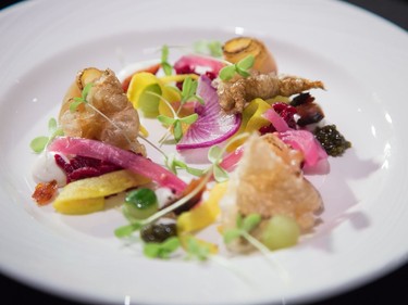 Chef Jeff Bradfield  of Bar Lupulus prepares this Smoked Sturgeon with Caviar, Pickles, Crema and Shungiku as the annual Gold Medal Plates, which challenged ten different area chefs to prepare a winning recipe, took place at the Shaw Centre.  Photo Wayne Cuddington/ Postmedia
Wayne Cuddington, Postmedia