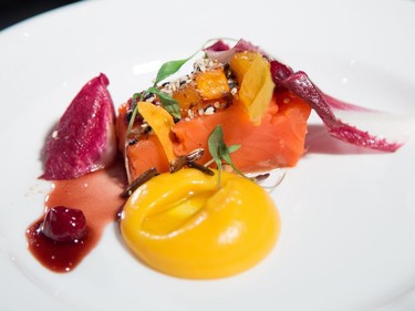 Chef Yannick Lasalle from Restaurant Les Fougeres prepared this Pangnirtung Wild Arctic char as the annual Gold Medal Plates, which challenged ten different area chefs to prepare a winning recipe, took place at the Shaw Centre.  Photo Wayne Cuddington/ Postmedia
Wayne Cuddington, Postmedia