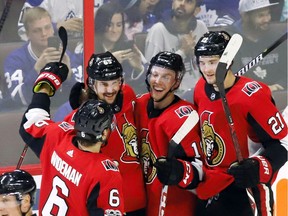 The Senators celebrate in front of Leafs fans during a 6-3 win in October.