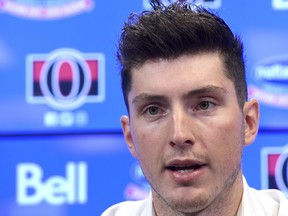 Senators centre Matt Duchene speaks during a press conference in Ottawa, Monday November 6, 2017.