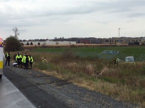 Rollover scene on Highway 417 at the Canadian Tire Centre.