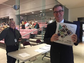 Mayor Jim Watson arrives to council with a copy of the draft 2018 budget.