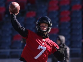 Quarterback Trevor Harris of the Ottawa Redblacks throws during practice in Ottawa, November 10, 2017. Photo by Jean Levac ORG XMIT: 127941 Jean Levac, Postmedia News