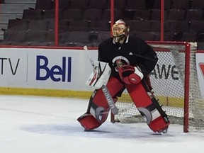 Ottawa Senators' goaltender Craig Anderson's new pads make a heritage 'O' when his legs are closed.