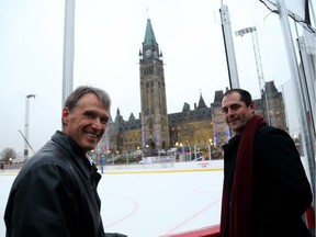 Laurie Boschman, left, and Chris Phillips will be among the former Senators taking part in an alumni game on the Canada 150 Rink on Parliament Hill.