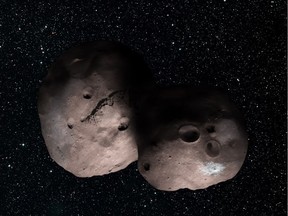 Artist's concept in 2014 of the space rocks MU69.