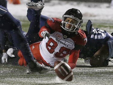 The Toronto Argonauts took on the Calgary Stampeders during the 105th Grey Cup at Lansdowne Park in Ottawa Sunday Nov 26, 2017. Calgary Stampeders Lamar Jorden fumbles the football during fourth quarter action in Ottawa Sunday night. The Toronto Argonauts defeated the Calgary Stampeders 27-24 in the 105th Grey Cup.