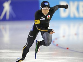 Japan's Nao Kodaira takes the start of the women's 500 meters race of the Speedskating World Cup at the Thialf ice rink in Heerenveen, Netherlands, Saturday, Nov. 11, 2017. (AP Photo/Peter Dejong)