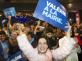 Supporters of Valerie Plante react as votes comes in projecting her win on election night during the municipal election in Montreal, Sunday, November 5, 2017.