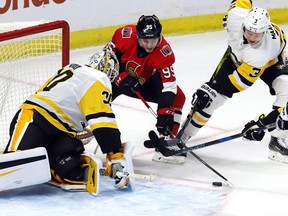 Senators centre Matt Duchene tries to get a shot on Penguins goalie Matt Murray on Thursday night.