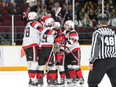 Ottawa 67's players celebrate a first-period goal by Austen Keating (9) during an Ontario Hockey League game against the Sarnia Sting at Ottawa on Sunday, Nov. 5, 2017. Valerie Wutti photo.