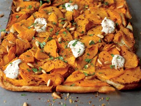 Winter squash flatbread with hummus and za’atar from Smitten Kitchen Every Day.