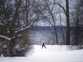 Ottawa woke up to a blanket of snow covering Sunday. A cross-country skier makes her way along the Ottawa River in Britannia Park.