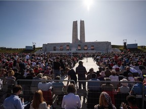 Thousands gather around the Canadian National Vimy Memorial during a Vimy centenary commemorative service on April 9, 2017 in Vimy, France.