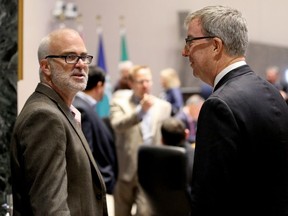 Coun. Jeff Leiper (left) chats with Mayor Jim Watson at a recent council meeting. Where is the opposition to the mayor's budget?