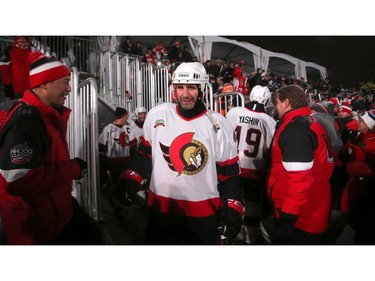 Radek Bonk comes out for the matchup to cheers. In front of Parliament Hill, the NHL 100 Classic, featuring Ottawa Senators alumni players from 25 years, thrilled the fans in Ottawa Friday (Dec. 15, 2017) night. Julie Oliver/Postmedia