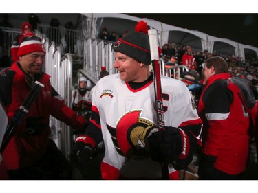 Alfie comes out of the locker room to cheers. In front of Parliament Hill, the NHL 100 Classic, featuring Ottawa Senators alumni players from 25 years, thrilled the fans in Ottawa Friday (Dec. 15, 2017) night. Julie Oliver/Postmedia