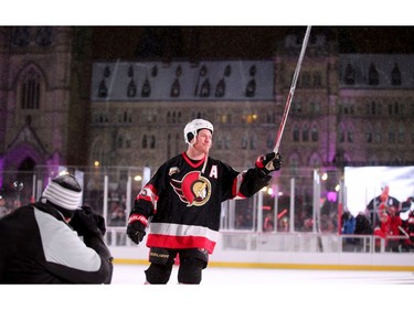 Chris Neil seemed appreciative of the fans cheering, coming only a day after his retirement. In front of Parliament Hill, the NHL 100 Classic, featuring Ottawa Senators alumni players from 25 years, thrilled the fans in Ottawa Friday (Dec. 15, 2017) night. Julie Oliver/Postmedia