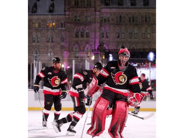 Goalie Pascal Declare warms up before the games with Team Phillips. In front of Parliament Hill, the NHL 100 Classic, featuring Ottawa Senators alumni players from 25 years, thrilled the fans in Ottawa Friday (Dec. 15, 2017) night. Julie Oliver/Postmedia
