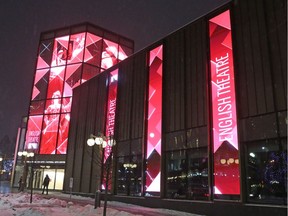 The Kipnes Lantern, the architectural feature that adorns the NAC’s Elgin Street entrance, screened First World War-era images overnights Nov. 5-11 on its transparent LED screens.