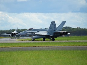 Royal Australian Air Force F-18A Hornets taxi at RAAF Williamtown, during Exercise Diamond Shield 2017 in New South Wales, Australia, March 21, 2017. (U.S. Air Force photo by Tech. Sgt. Steven R. Doty)