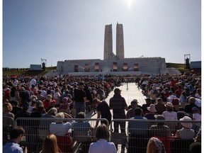 Thousands gather around the Canadian National Vimy Memorial during a Vimy centenary commemorative service on April 9, 2017 in Vimy, France.
