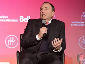 NHL Commisisoner Gary Bettman speaks during a Q&A with host Pierre Houde part of the NHL Centennial 100 Celebration on November 17, 2017 at Bonaventure Hotel on November 17, 2017 in Montreal.