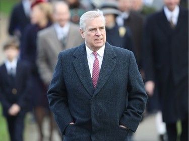 KING'S LYNN, ENGLAND - DECEMBER 25:  Prince Andrew attends Christmas Day Church service at Church of St Mary Magdalene on December 25, 2017 in King's Lynn, England.