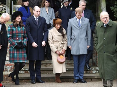 KING'S LYNN, ENGLAND - DECEMBER 25:  Princess Beatrice, Princess Eugenie, Princess Anne, Princess Royal, Prince Andrew, Duke of York, Prince William, Duke of Cambridge, Prince Philip, Duke of Edinburgh, Catherine, Duchess of Cambridge, Meghan Markle and Prince Harry attend Christmas Day Church service at Church of St Mary Magdalene on December 25, 2017 in King's Lynn, England.