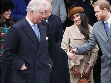 KING'S LYNN, ENGLAND - DECEMBER 25:  Prince Charles; Prince of Wales Catherine, Duchess of Cambridge, Meghan Markle and Prince Harry attend Christmas Day Church service at Church of St Mary Magdalene on December 25, 2017 in King's Lynn, England.