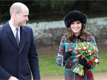 KING'S LYNN, ENGLAND - DECEMBER 25:  Prince William, Duke of Cambridge, and Catherine, Duchess of Cambridge attend Christmas Day Church service at Church of St Mary Magdalene on December 25, 2017 in King's Lynn, England.