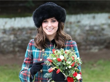 KING'S LYNN, ENGLAND - DECEMBER 25:  Catherine; Duchess of Cambridge attends Christmas Day Church service at Church of St Mary Magdalene on December 25, 2017 in King's Lynn, England.