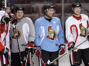 November/5/08 - Ottawa Senators (L to R) Dany Heatley, Chris Neil, Mike Fisher and Jason Spezza are seen smiling during practice at Scotiabank Place