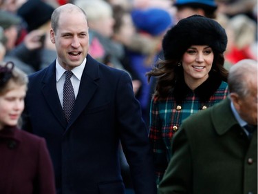 (L-R) Britain's Prince William, Duke of Cambridge, and Britain's Catherine, Duchess of Cambridge, arrive to attend the Royal Family's traditional Christmas Day church service at St Mary Magdalene Church in Sandringham, Norfolk, eastern England, on December 25, 2017.