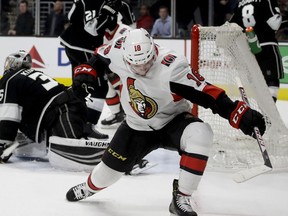 Senators winger Ryan Dzingel celebrates after scoring against the Kings to tie Thursday's game late in the third period.