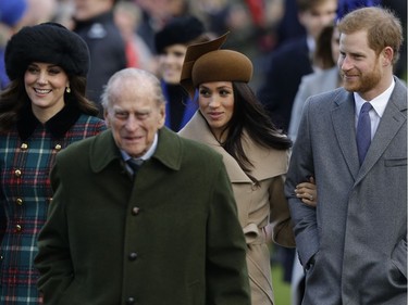 From left, Kate, Duchess of Cambridge, and Prince Philip, Meghan Markle, and Prince Harry arrive to the traditional Christmas Days service, at St. Mary Magdalene Church in Sandringham, England, Monday, Dec. 25, 2017.