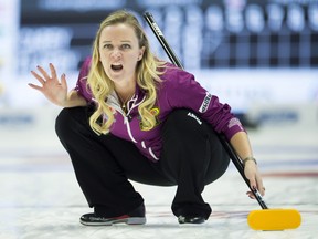 Skip Chelsea Carey calls to teammates during the Olympic curling trials against Team Flaxey Tuesday, December 5, 2017 in Ottawa.