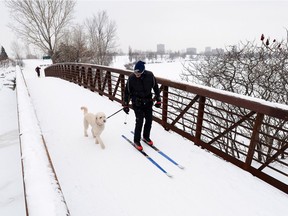 Don and Marnie Sutherland cross-country ski with their dog Zoe as they enjoy the Sir John A. Macdonald Winter Trail on the banks of the Ottawa River.