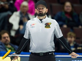 Skip Reid Carruthers waits for the play to begin in the seventh end during Olympic curling trials action against Team Jacobs on Dec. 7, 2017