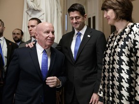 From left, House Ways and Means Committee Chairman Kevin Brady, R-Texas, Speaker of the House Paul Ryan, R-Wis., and Rep. Cathy McMorris Rodgers, R-Wash., chair of the Republican Conference, arrive to speak after passing the GOP tax reform bill in the House of Representatives, on Capitol Hill, in Washington, Tuesday, Dec. 19, 2017. Republicans muscled the most sweeping rewrite of the nation's tax laws in more than three decades through the House. In a last-minute glitch, however, Democrats said three provisions in the bill, including one that would allow parents to use college savings accounts for home-schooling expenses for young children, violate Senate budget rules. House Majority Leader Kevin McCarthy, R-Calif., said the House would vote on the package again on Wednesday