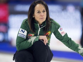 Michelle Englot watches a shot enter the house during the Canadian Olympic curling trials against Team Jones on Dec. 3, 2017