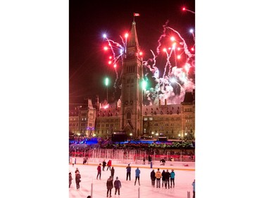 The annual holiday lighting ceremony on Parliament Hill included fireworks on Thursday, Dec. 7, 2017. Skaters on the ice for the first day of the Canada 150 Rink had the perfect spot to watch the show above.